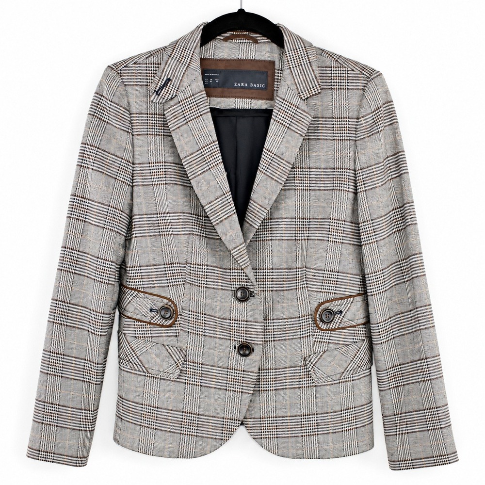 Zara Basic Plaid Blazer Tan Brown Faux Suede Elbow Patches Size Medium